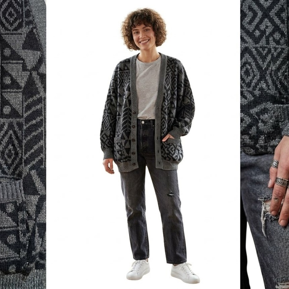 Vintage Grandpa Sweater Cardigan Size L Gray Geometric Print Silver Italy Wool